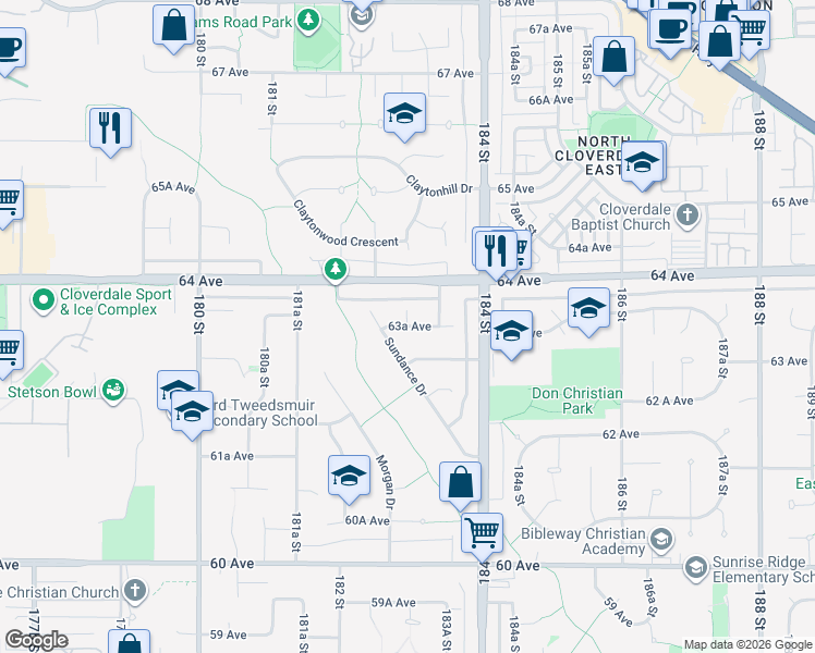map of restaurants, bars, coffee shops, grocery stores, and more near 183 Street in Surrey
