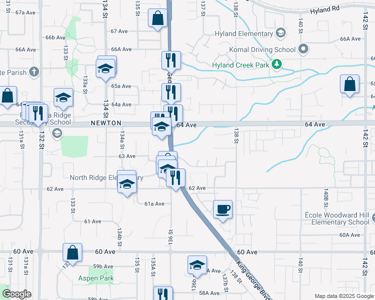 map of restaurants, bars, coffee shops, grocery stores, and more near 6338 King George Boulevard in Surrey
