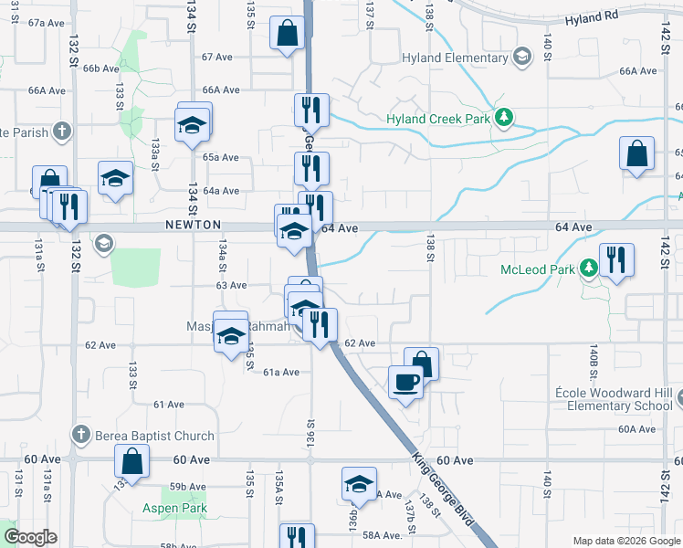map of restaurants, bars, coffee shops, grocery stores, and more near 6280 King George Boulevard in Surrey