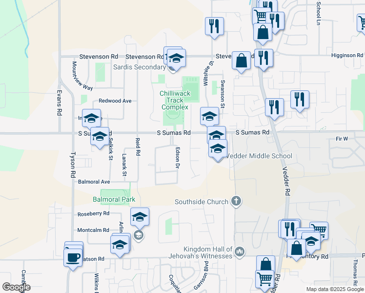 map of restaurants, bars, coffee shops, grocery stores, and more near 6350 Edson Drive in Chilliwack