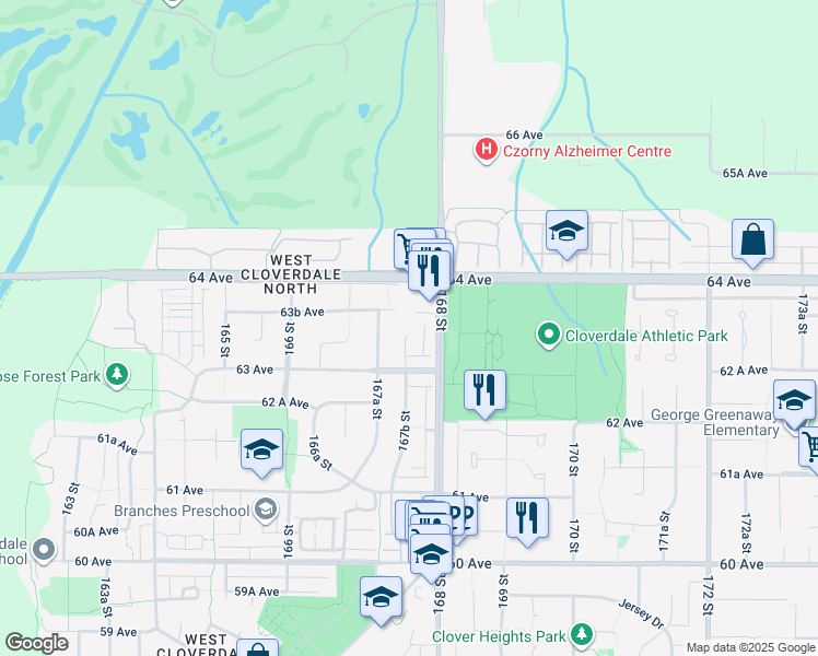 map of restaurants, bars, coffee shops, grocery stores, and more near 6351 167B Street in Surrey