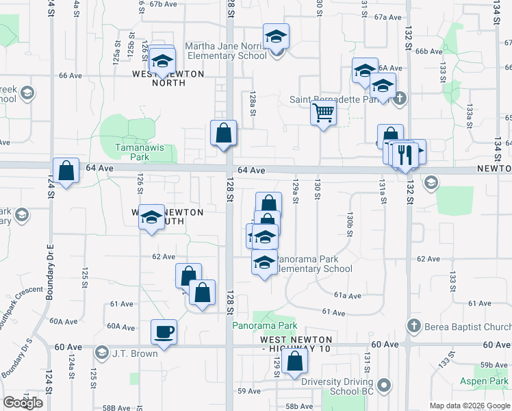 map of restaurants, bars, coffee shops, grocery stores, and more near 12853 63A Avenue in Surrey