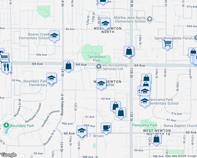 map of restaurants, bars, coffee shops, grocery stores, and more near 12635 63 Avenue in Surrey