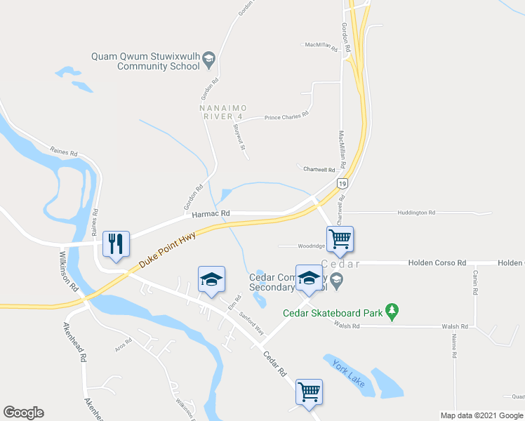 map of restaurants, bars, coffee shops, grocery stores, and more near 1930 Harmac Road in Nanaimo