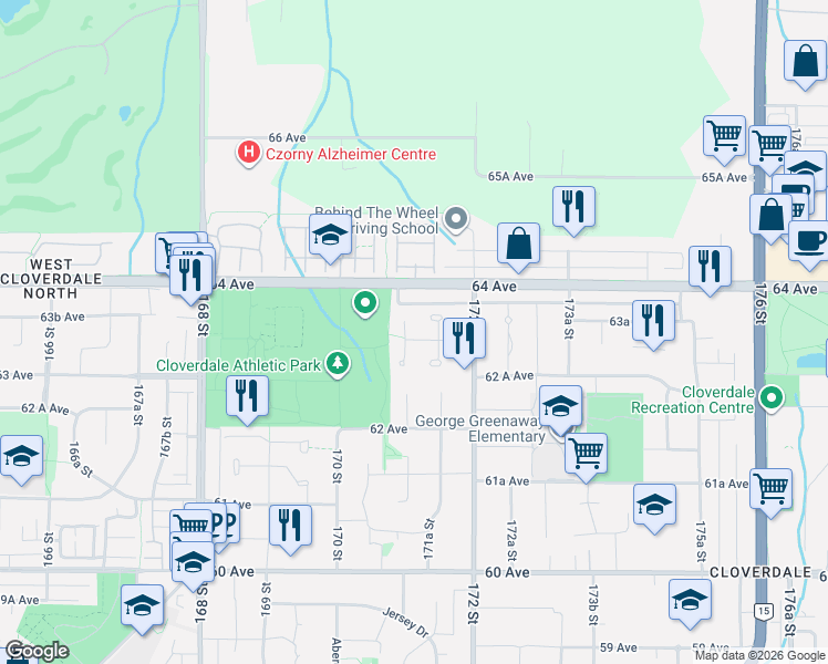 map of restaurants, bars, coffee shops, grocery stores, and more near 6310 171 Street in Surrey