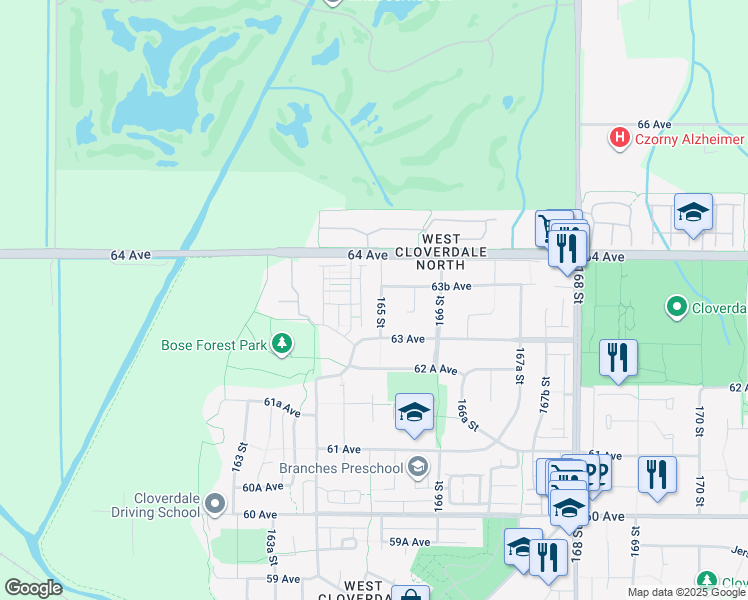 map of restaurants, bars, coffee shops, grocery stores, and more near 6339 165 Street in Surrey