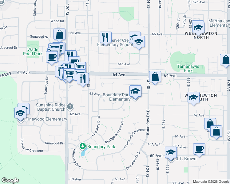 map of restaurants, bars, coffee shops, grocery stores, and more near 6308 122A Street in Surrey