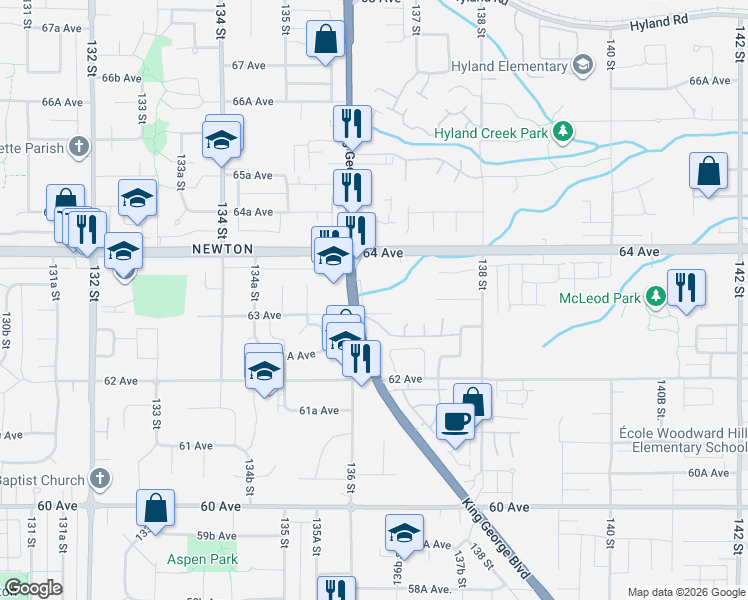 map of restaurants, bars, coffee shops, grocery stores, and more near 6338 King George Boulevard in Surrey