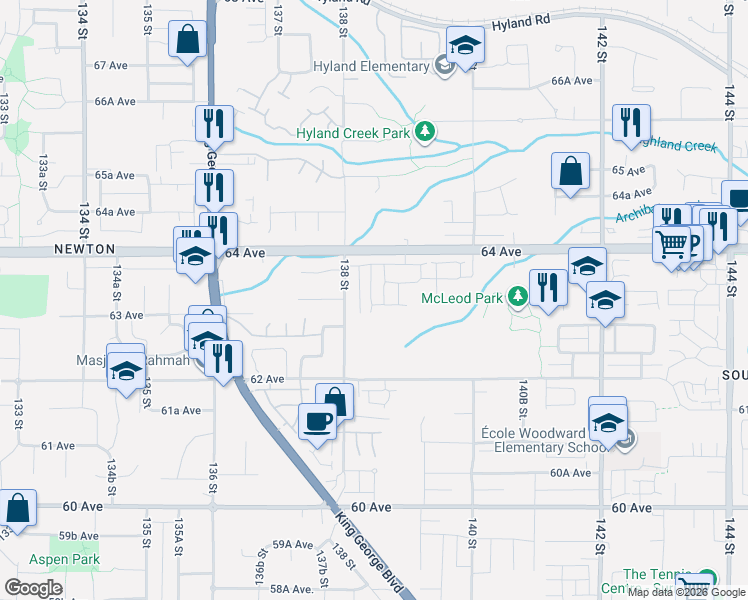 map of restaurants, bars, coffee shops, grocery stores, and more near in Surrey