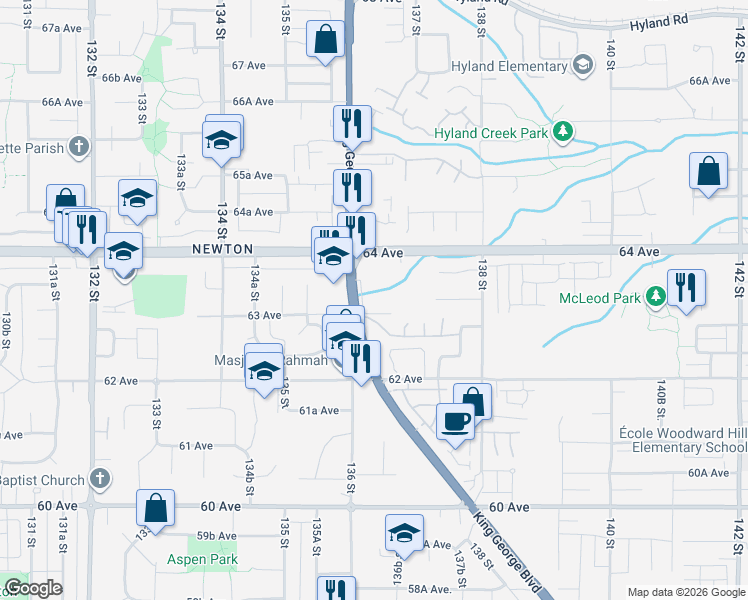 map of restaurants, bars, coffee shops, grocery stores, and more near 6338 King George Boulevard in Surrey