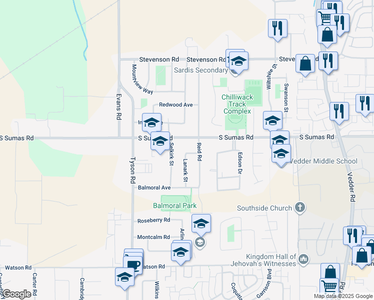 map of restaurants, bars, coffee shops, grocery stores, and more near 45267 Stirling Avenue in Chilliwack