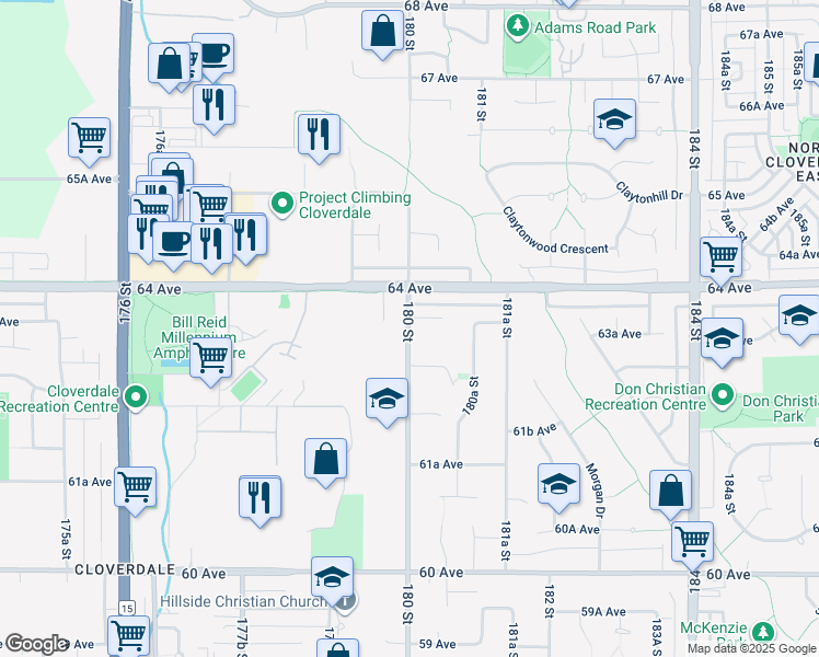 map of restaurants, bars, coffee shops, grocery stores, and more near 18002 63B Avenue in Surrey