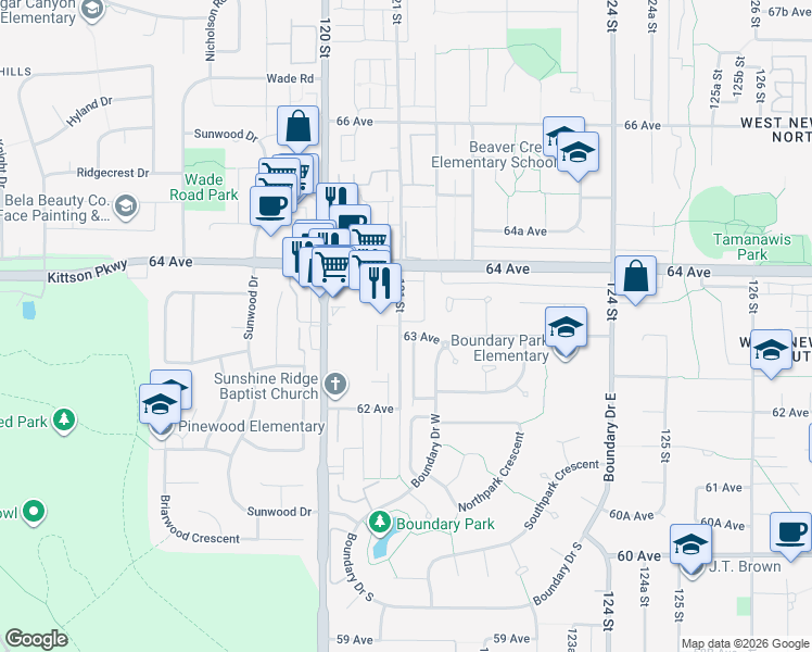 map of restaurants, bars, coffee shops, grocery stores, and more near 37 Forest Ridge in Surrey
