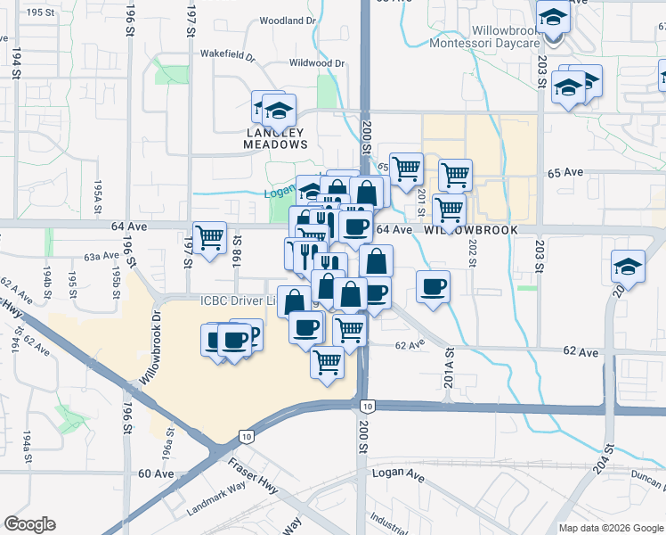 map of restaurants, bars, coffee shops, grocery stores, and more near 6339 200 Street in Langley
