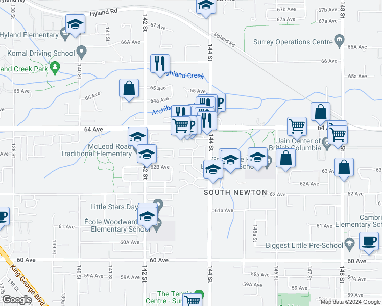 map of restaurants, bars, coffee shops, grocery stores, and more near 14356 63A Avenue in Surrey