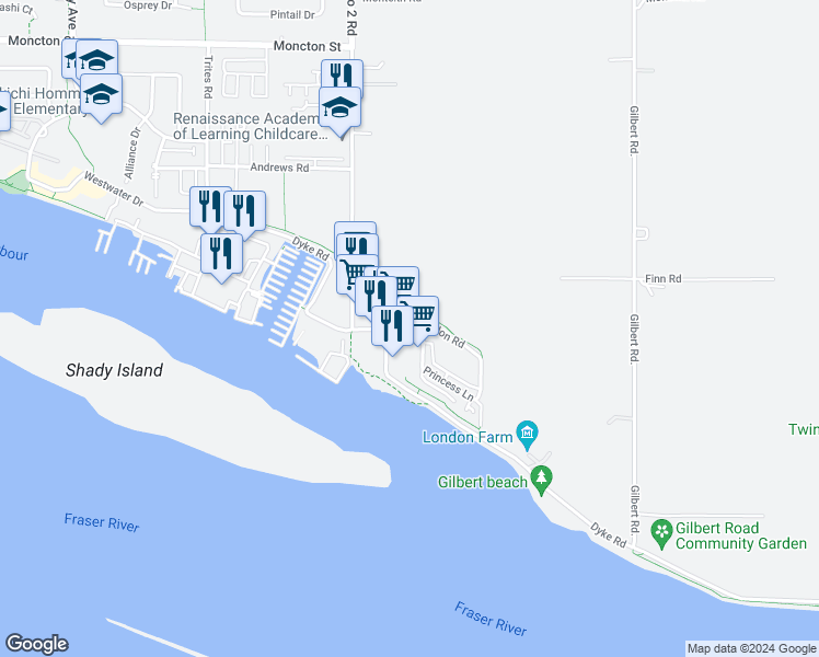 map of restaurants, bars, coffee shops, grocery stores, and more near London Road in Richmond
