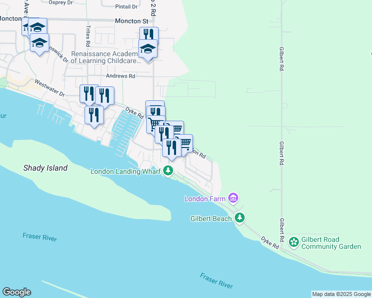map of restaurants, bars, coffee shops, grocery stores, and more near London Road in Richmond