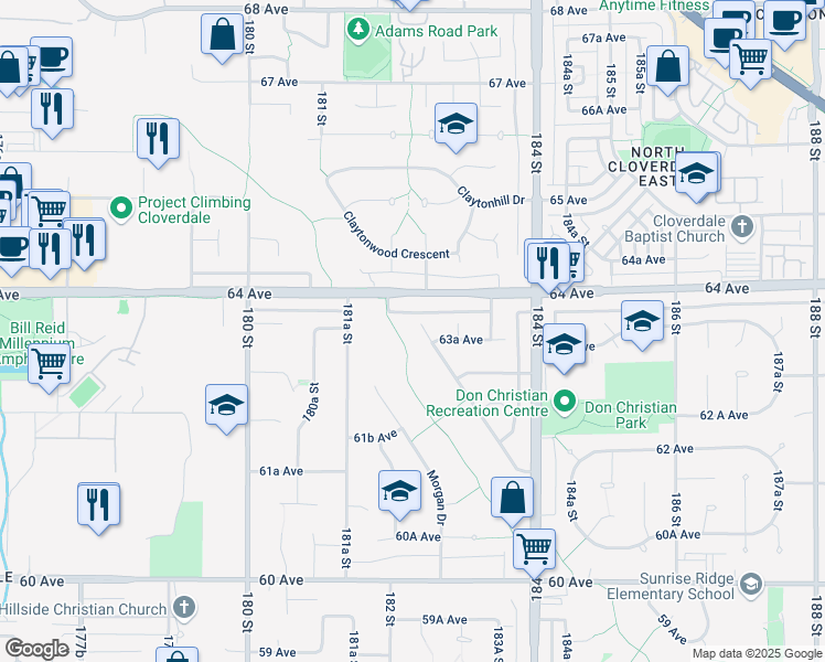 map of restaurants, bars, coffee shops, grocery stores, and more near 18190 64 Avenue in Surrey