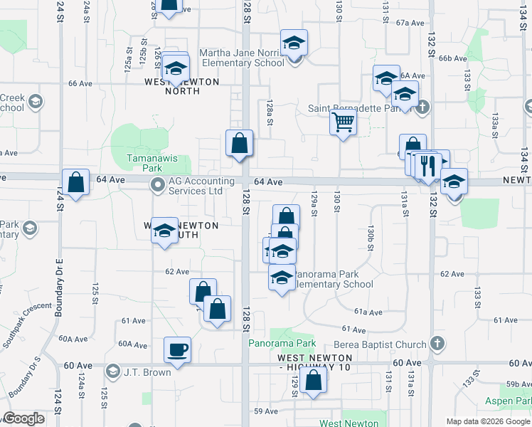 map of restaurants, bars, coffee shops, grocery stores, and more near 12853 63A Avenue in Surrey