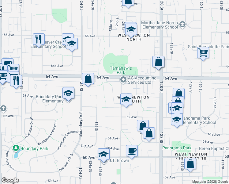 map of restaurants, bars, coffee shops, grocery stores, and more near 6332 125A Street in Surrey