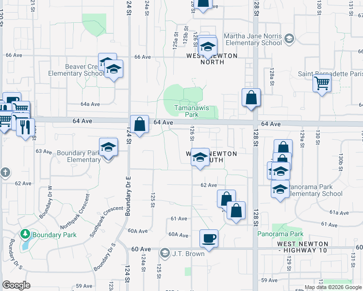 map of restaurants, bars, coffee shops, grocery stores, and more near 6332 125A Street in Surrey