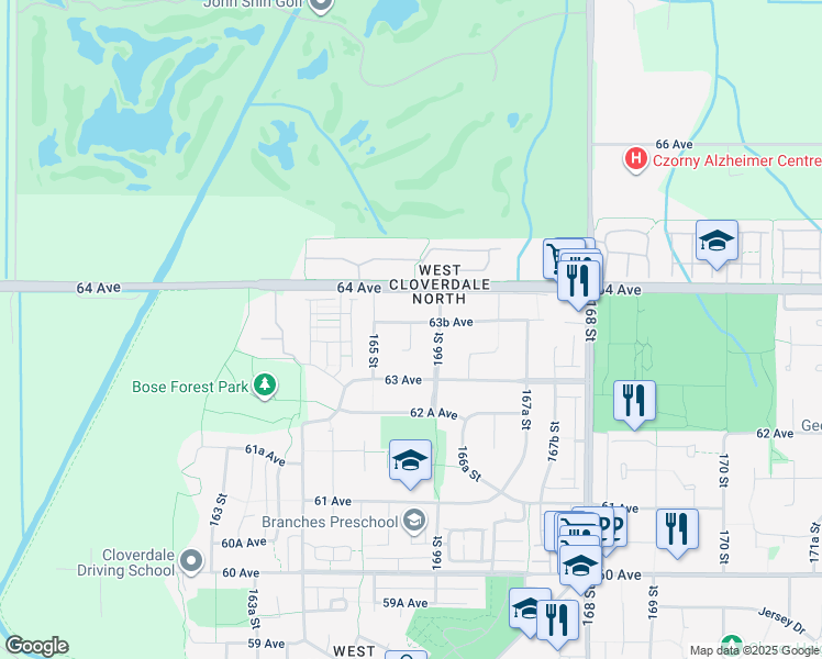 map of restaurants, bars, coffee shops, grocery stores, and more near 165A Street in Surrey