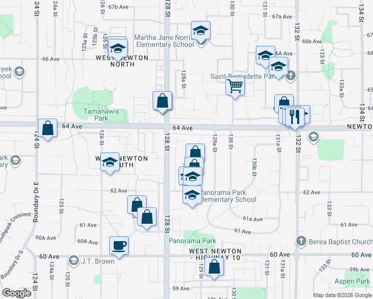 map of restaurants, bars, coffee shops, grocery stores, and more near 12865 63A Avenue in Surrey
