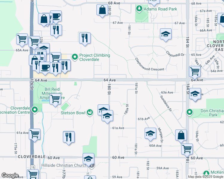 map of restaurants, bars, coffee shops, grocery stores, and more near 18002 63B Avenue in Surrey