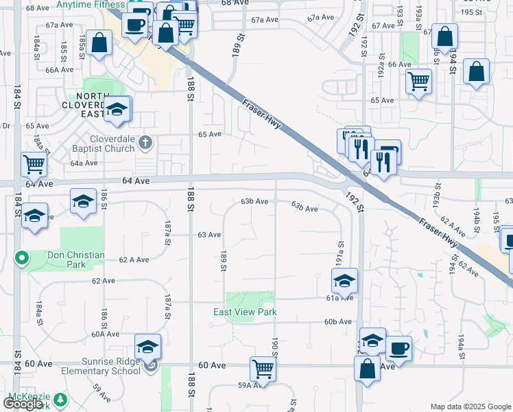 map of restaurants, bars, coffee shops, grocery stores, and more near 6368 189A Street in Surrey