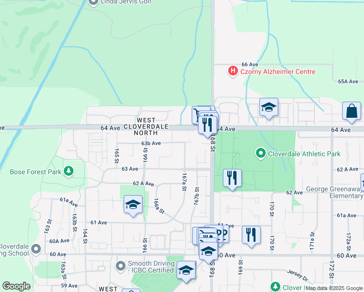 map of restaurants, bars, coffee shops, grocery stores, and more near 16728 63B Avenue in Surrey