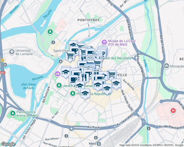 map of restaurants, bars, coffee shops, grocery stores, and more near in Metz