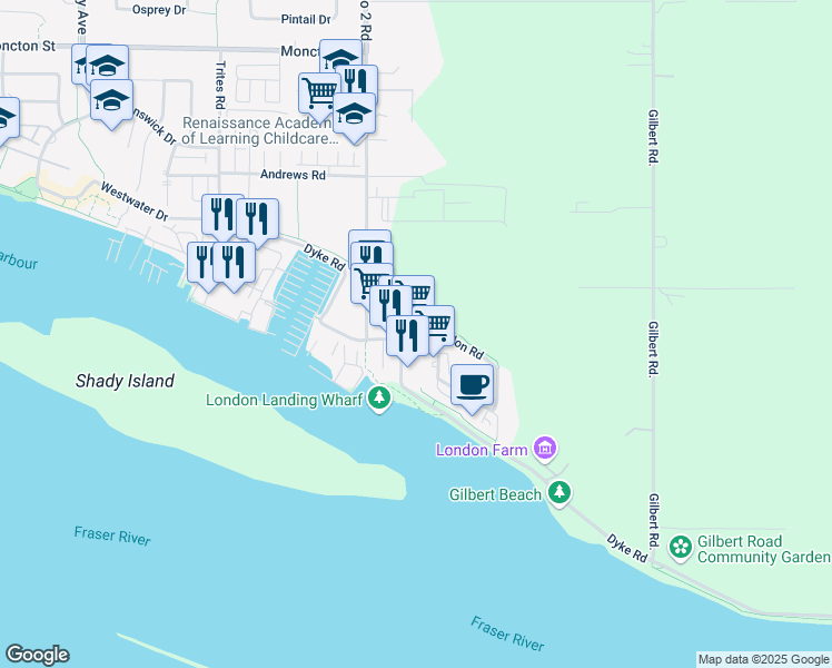 map of restaurants, bars, coffee shops, grocery stores, and more near 6160 London Road in Richmond