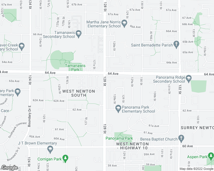 map of restaurants, bars, coffee shops, grocery stores, and more near 6340 128 Street in Surrey