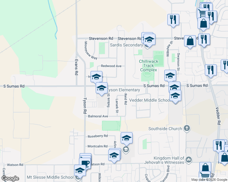 map of restaurants, bars, coffee shops, grocery stores, and more near 45240 South Sumas Road in Chilliwack