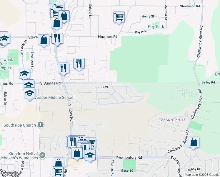 map of restaurants, bars, coffee shops, grocery stores, and more near 279 Fir West in Chilliwack