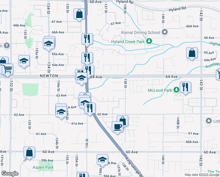 map of restaurants, bars, coffee shops, grocery stores, and more near 13747 63A Avenue in Surrey