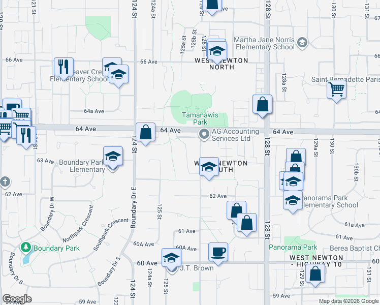 map of restaurants, bars, coffee shops, grocery stores, and more near 6340 125A Street in Surrey