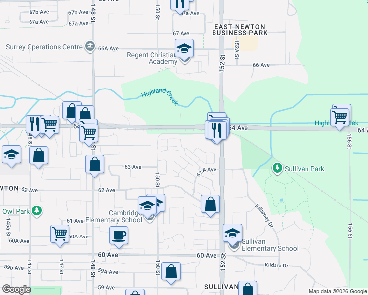 map of restaurants, bars, coffee shops, grocery stores, and more near in Surrey