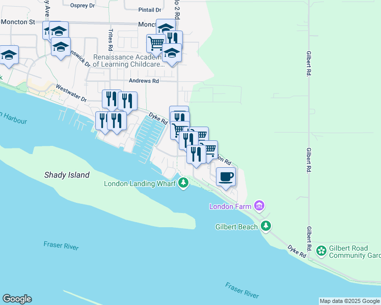 map of restaurants, bars, coffee shops, grocery stores, and more near 6111 London Road in Richmond