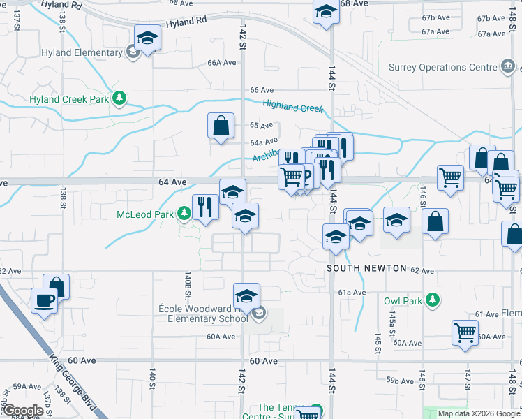 map of restaurants, bars, coffee shops, grocery stores, and more near 6350 142 Street in Surrey
