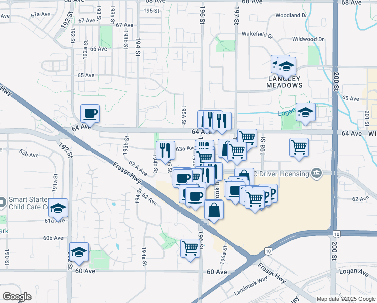 map of restaurants, bars, coffee shops, grocery stores, and more near 6339 195B Street in Surrey