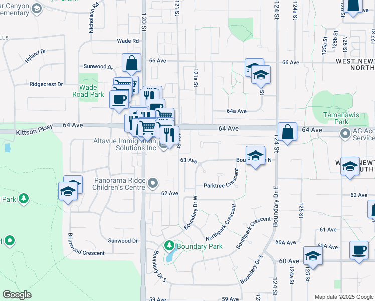 map of restaurants, bars, coffee shops, grocery stores, and more near 6380 121 Street in Surrey