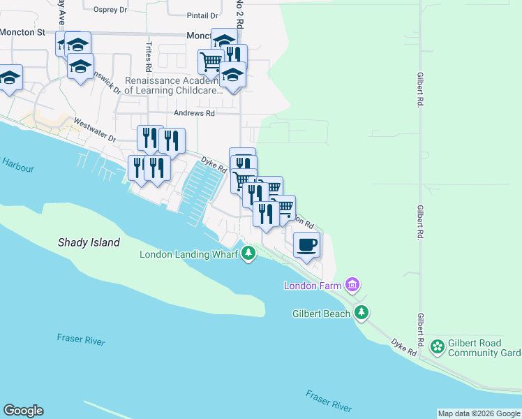 map of restaurants, bars, coffee shops, grocery stores, and more near 6111 London Road in Richmond