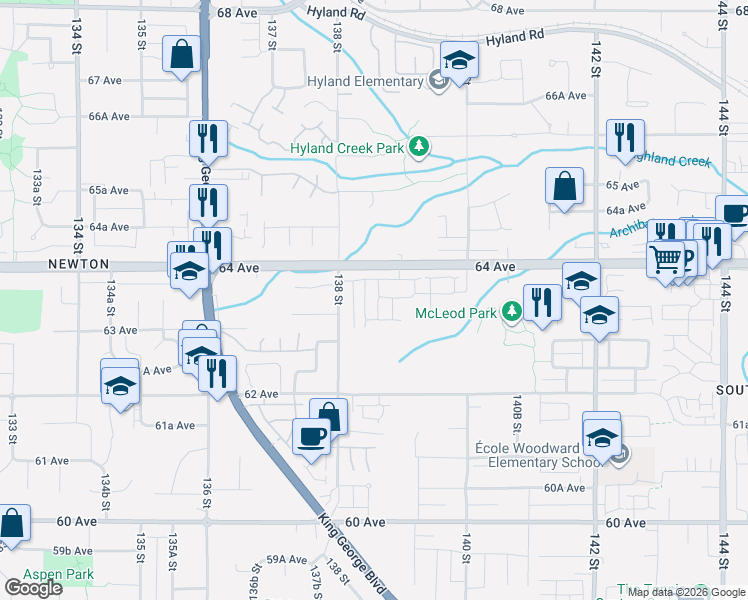 map of restaurants, bars, coffee shops, grocery stores, and more near 13898 64 Avenue in Surrey