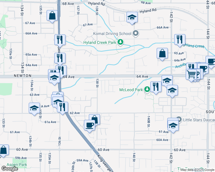 map of restaurants, bars, coffee shops, grocery stores, and more near 13898 64 Avenue in Surrey