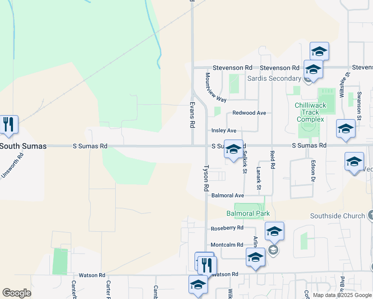 map of restaurants, bars, coffee shops, grocery stores, and more near 45080 South Sumas Road in Chilliwack