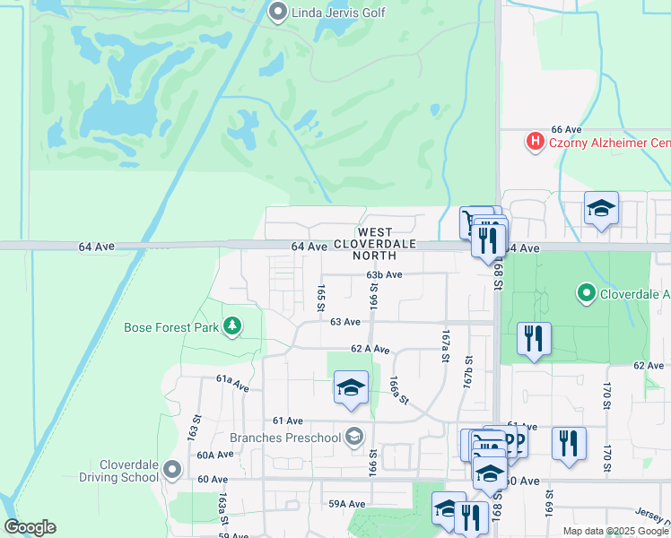 map of restaurants, bars, coffee shops, grocery stores, and more near 16527 63B Avenue in Surrey