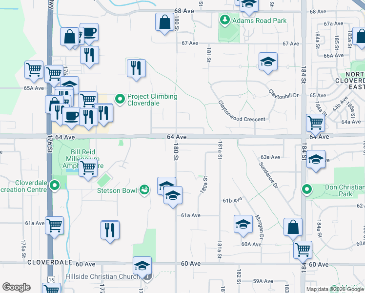 map of restaurants, bars, coffee shops, grocery stores, and more near 18011 63B Avenue in Surrey
