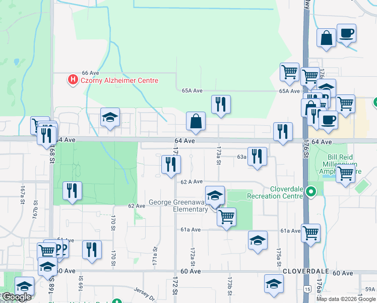 map of restaurants, bars, coffee shops, grocery stores, and more near 6359 172A Street in Surrey