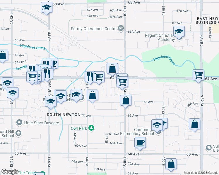 map of restaurants, bars, coffee shops, grocery stores, and more near 14722 64 Avenue in Surrey